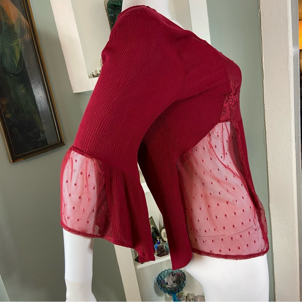 3/$12 Society Girl Burgundy Bell Sleeve Crinkle Sheer Mesh Panels Keyhole Medium - Picture 4 of 10